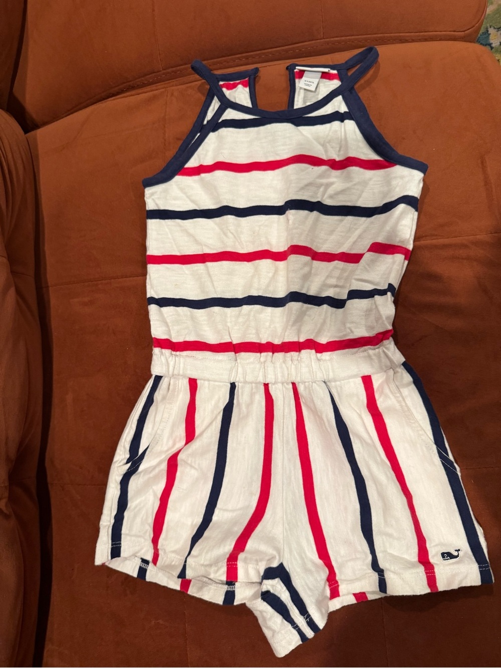 Vineyard Vines Girls Romper with Navy & Red Stripes perfect for 4th of July
